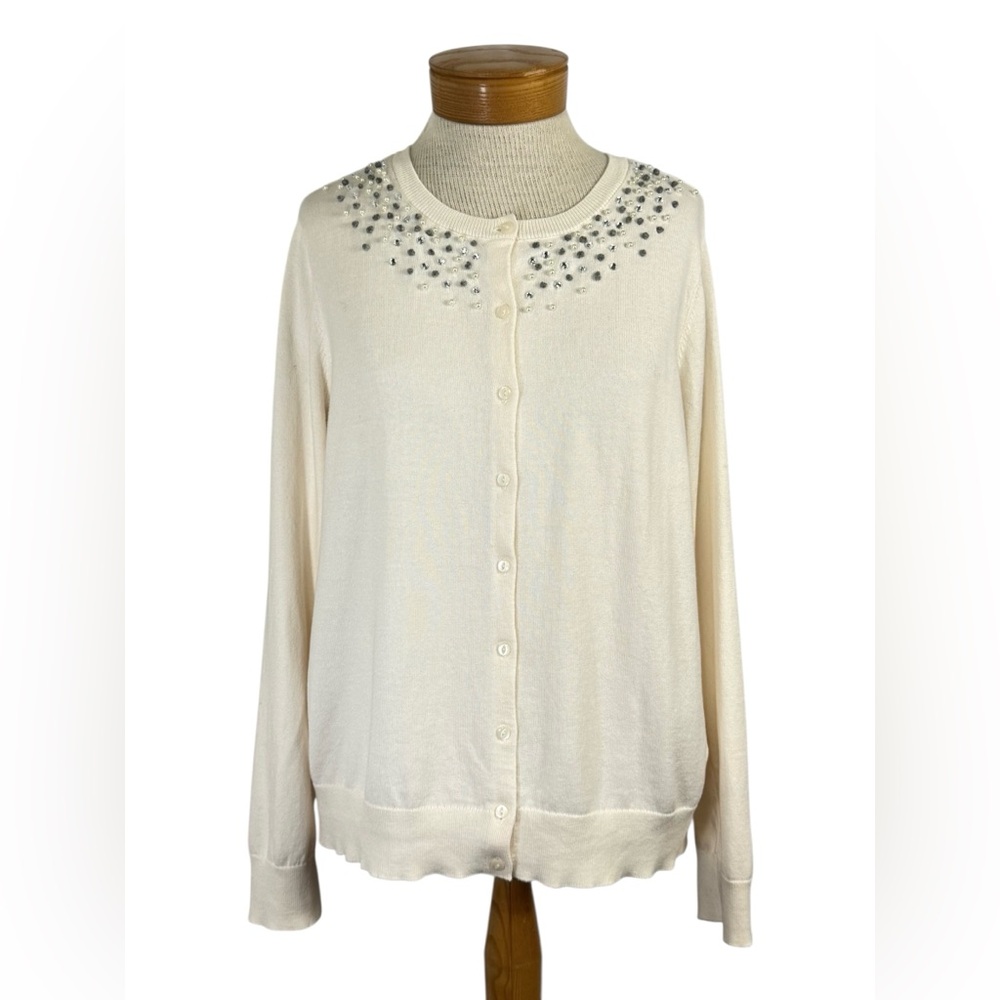 LOFT Large Cream Cardigan Subtle Sparkle Holiday Refine Feminine Classic Elevate